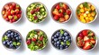 © Jantana - a whole view of multiple fruit salads on isolated white background, view from above, editorial photography