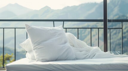 Wall Mural - A tranquil mountain scene viewed from a cozy bed adorned with white pillows and knitted blankets, bathed in the soft, filtered sunlight of the morning.