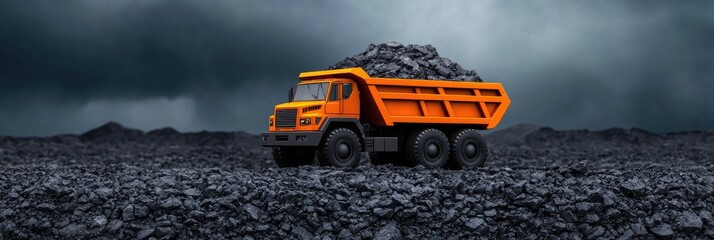 Orange dump truck loaded with coal on a rocky terrain under dark stormy clouds, highlighting heavy industrial machinery and mining operations.