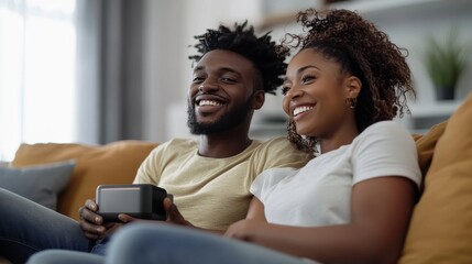 Wall Mural - IOT tech: happy couple with smart speaker at home.