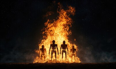 Silhouettes of people standing in front of a raging fire, creating a dramatic, eerie scene with intense flames and dark background.