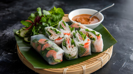 Wall Mural - A serving of Vietnamese spring rolls filled with shrimp, vermicelli noodles, and fresh herbs, served with peanut dipping sauce on a bamboo platter.