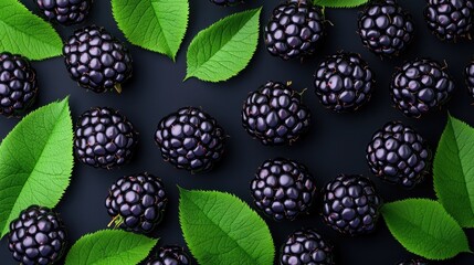 Wall Mural - Top view of fresh blackberries and green leaves on a dark background, creating a vibrant and natural composition.