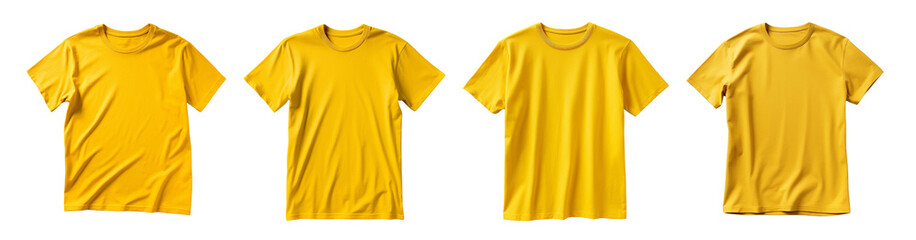 Set of four yellow t-shirts in different styles isolated on white background. Perfect for showcasing apparel designs or fashion concepts.