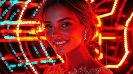 Woman in a glamorous dress smiling brightly, illuminated by vibrant red and blue lights, creating an energetic and festive atmosphere.