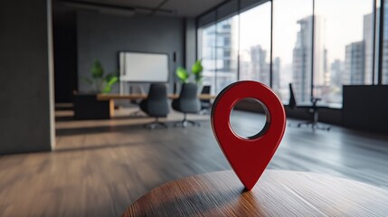 Red Location Pin on Wooden Table in Modern Office