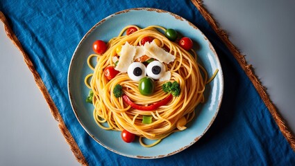 colorful spaghetti arranged to look like a fun, smiling character with vegetable accents