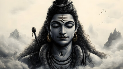 A monochromatic depiction of a deity, showcasing spiritual symbolism and serenity.