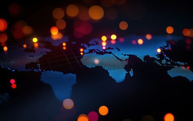 Poster - Illuminated world map with blurred bokeh lights, symbolizing global connectivity and technology in a digital age.