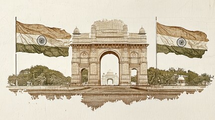 Wall Mural - Vintage-style illustration of India Gate with two Indian flags, set against a textured background. The muted tones and classic design evoke a sense of history and national pride. AI generative.