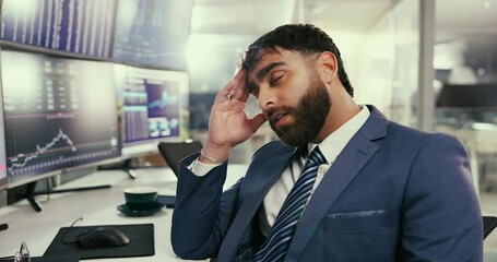 Poster - Tired businessman, trader and screen with stock market for trading, bad investment or foreign exchange at office. Frustrated man, broker or investor with stress for crash, risk or plummet on computer