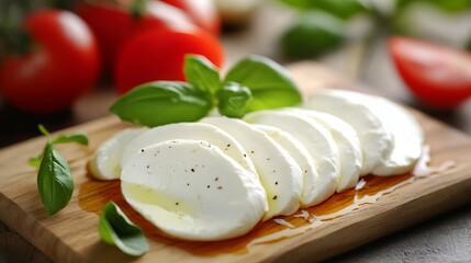 sliced mozzarella and tomatoes on a wooden board