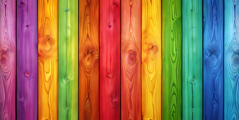 Bright and bold multi-colored wood planks in a rainbow gradient, with a smooth, polished finish for a vibrant background design