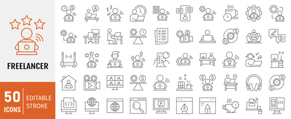 Freelancer line icon collection. Containing self employed, independent work, professional, website, worker, skills icon. Simple line vector illustration.