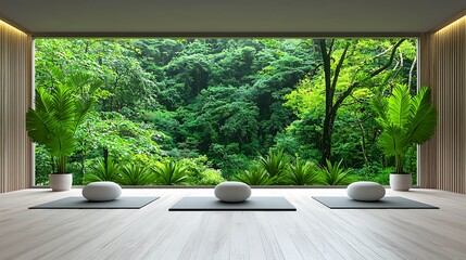 Wall Mural - A Zen meditation room with a view of a green forest, a sanctuary of calm and focus.