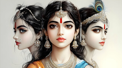 A portrait featuring three graceful figures, each adorned in traditional attire and jewelry.