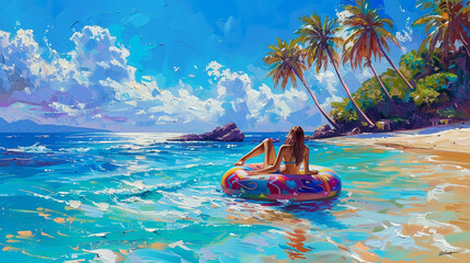 Woman Relaxing on Colorful Float in Tropical Paradise Beach with Palm Trees and Clear Blue Sky