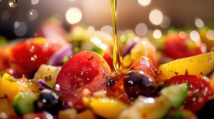 Close-up of a colorful salad with a drizzle of olive oil, oil droplets in mid-air, bright natural light, sharp focus on textures.