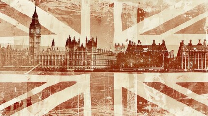 Wall Mural - A distressed, vintage-style illustration of Big Ben and the Houses of Parliament overlaid with a faded Union Jack flag, evoking a sense of British history and pride. AI generative.