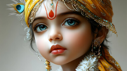 A portrait of a young child adorned in traditional attire with intricate jewelry and a vibrant headpiece.