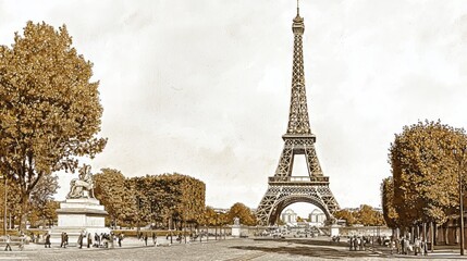 Wall Mural - Sepia-toned illustration of the Eiffel Tower in Paris, surrounded by trees and tourists. The classic architecture contrasts with the lively city atmosphere. AI generative.