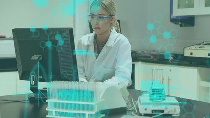 Poster - Animation of data processing over caucasian female scientist working in lab