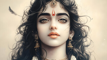 Wall Mural - A portrait of a young woman with intricate jewelry and a serene expression, embodying elegance.