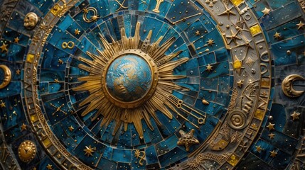 Wall Mural - a stunning celestial map featuring earth at the center, surrounded by intricate zodiac symbols and s