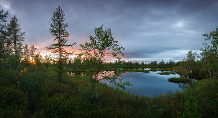 Aufkleber - Beautiful summer northern landscape, sunset over the lake, silence and tranquility concept