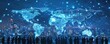 © Art_You - World map displaying global connections in a business setting with a city skyline and silhouettes of people.