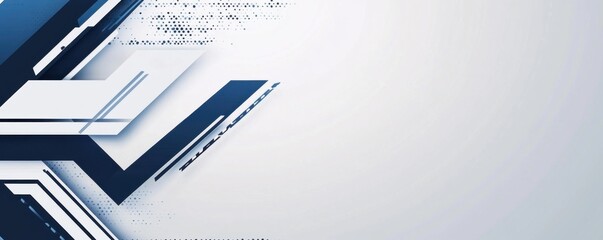 Abstract technology background with blue geometric shapes and digital elements on a modern, clean layout