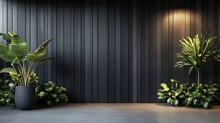 Poster - Minimalist Interior Design with Black Wall and Greenery