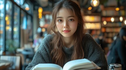 Asian woman sketching in a notebook while sitting in a quiet library