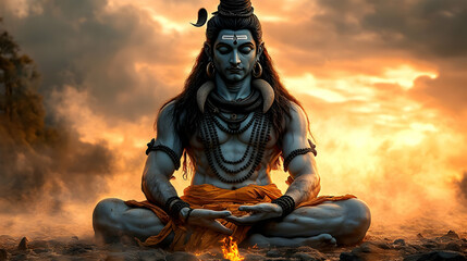 a serene depiction of a blue-skinned deity meditating amidst a dramatic landscape.