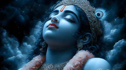 Wall Mural - A serene depiction of a blue-skinned deity surrounded by clouds, evoking tranquility.