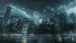 © indyntk - Heavy rainstorm over modern city drenched buildings glistening under moody skies intense lightning striking urban landscape dynamic rain-soaked scene
