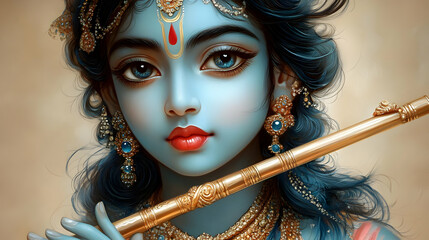 A serene depiction of a blue-skinned figure holding a flute, adorned with intricate jewelry.