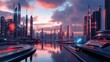 © indyntk - 3D render futuristic cityscape minimal composition modern infrastructure clean design evening lights urban elegance