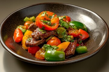 Wall Mural - A flavorful and colorful dish of beef fajitas cooked to perfection and served with fresh bell peppers, tomatoes, and cilantro. The dish is garnished with a sprinkle of fresh parsley for an added touch