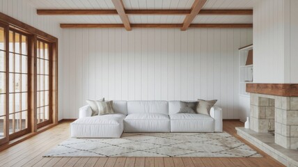 White corner sofa by the fireplace in a Scandinavian-inspired modern living room.