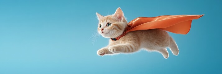 A playful cartoon cat, wearing an orange superhero cape, takes flight against a bright blue sky. The image is a humorous representation of feline agility and a symbol of playful energy, strength, and 