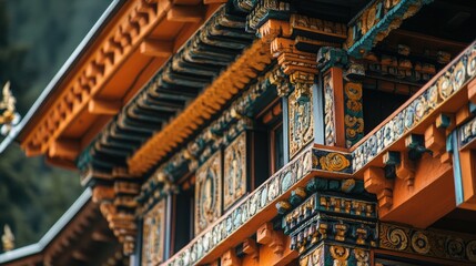 A close-up of the traditional Bhutanese architecture of Tiger's Nest Monastery, with its ornate details.