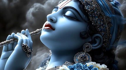 A serene depiction of a deity playing a flute, surrounded by a mystical atmosphere.