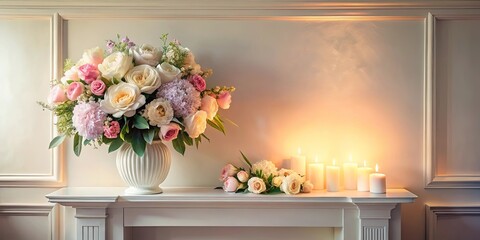 Wall Mural - Softly lit room with pastel flower arrangement on mantel