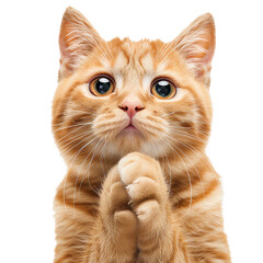 Adorable orange tabby cat with big eyes and cute expression, posing with paws together isolated on white background., transparent background