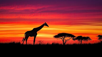 A giraffe silhouetted against a fiery sunset in the Serengeti, with acacia trees in the background.