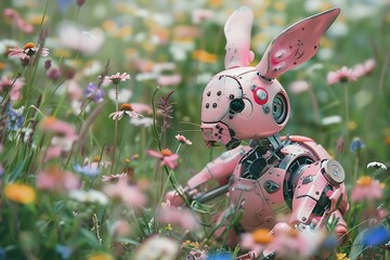 A charming pink robotic bunny hopping joyfully through a field of wildflowers