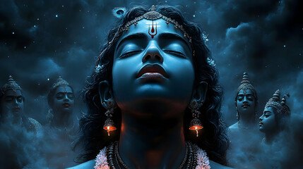 A serene depiction of a divine figure in a cosmic setting, embodying tranquility and spirituality.