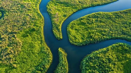 Aerial View of a Winding River Through Lush Green Forest