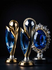 Wall Mural - Four trophies adorned with blue gems against a dark background.